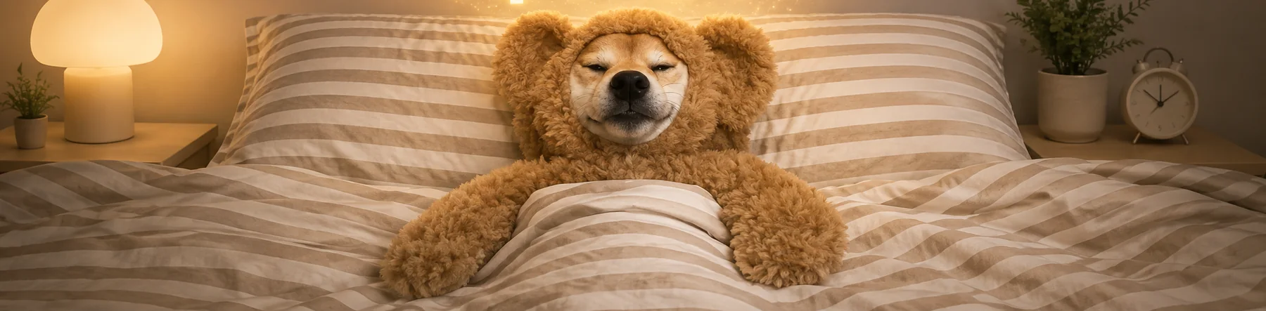A shiba inu in a teddy bear costume, tucked under striped bedding, asleep beside a lit lamp.